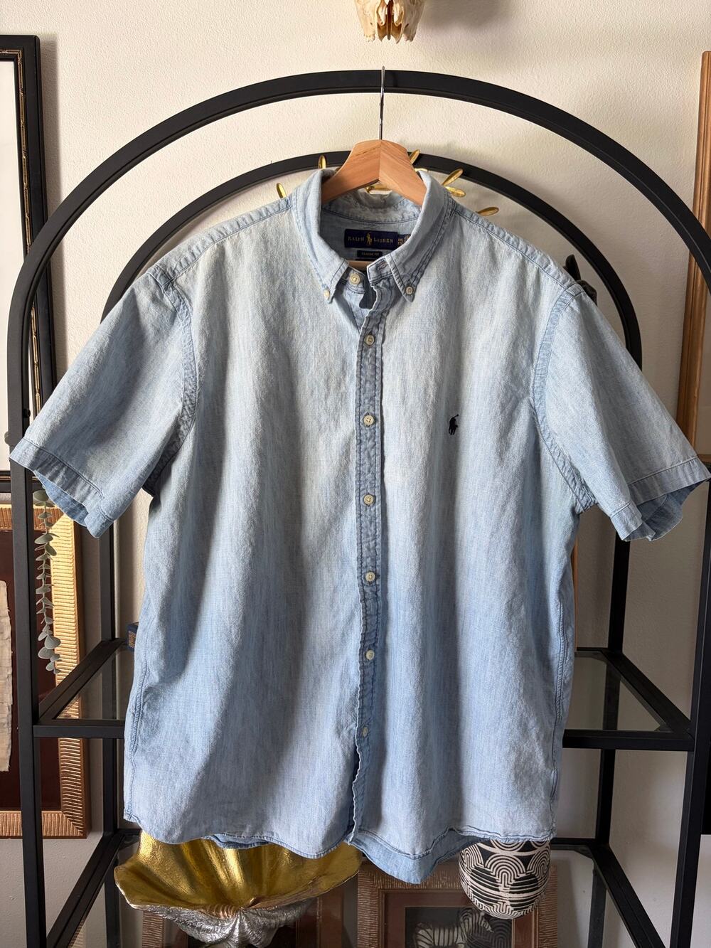 Polo Ralph Lauren Shirt Mens XXL RL Untucked Fit Chambray Blue Short Sleeve